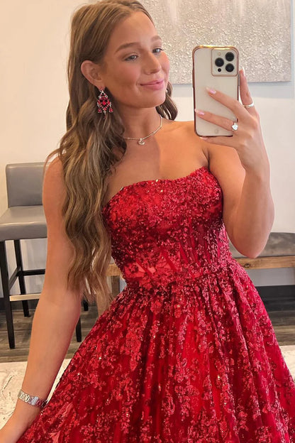 Red A-Line Strapless Sequin Lace Prom Dresses