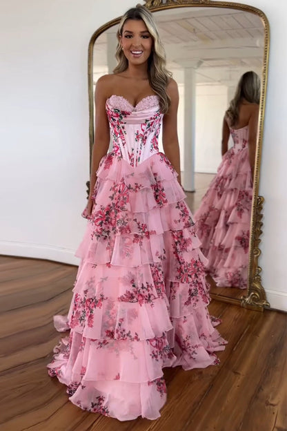 Fashion A Line Sweetheart Blush Printed Prom Dresses
