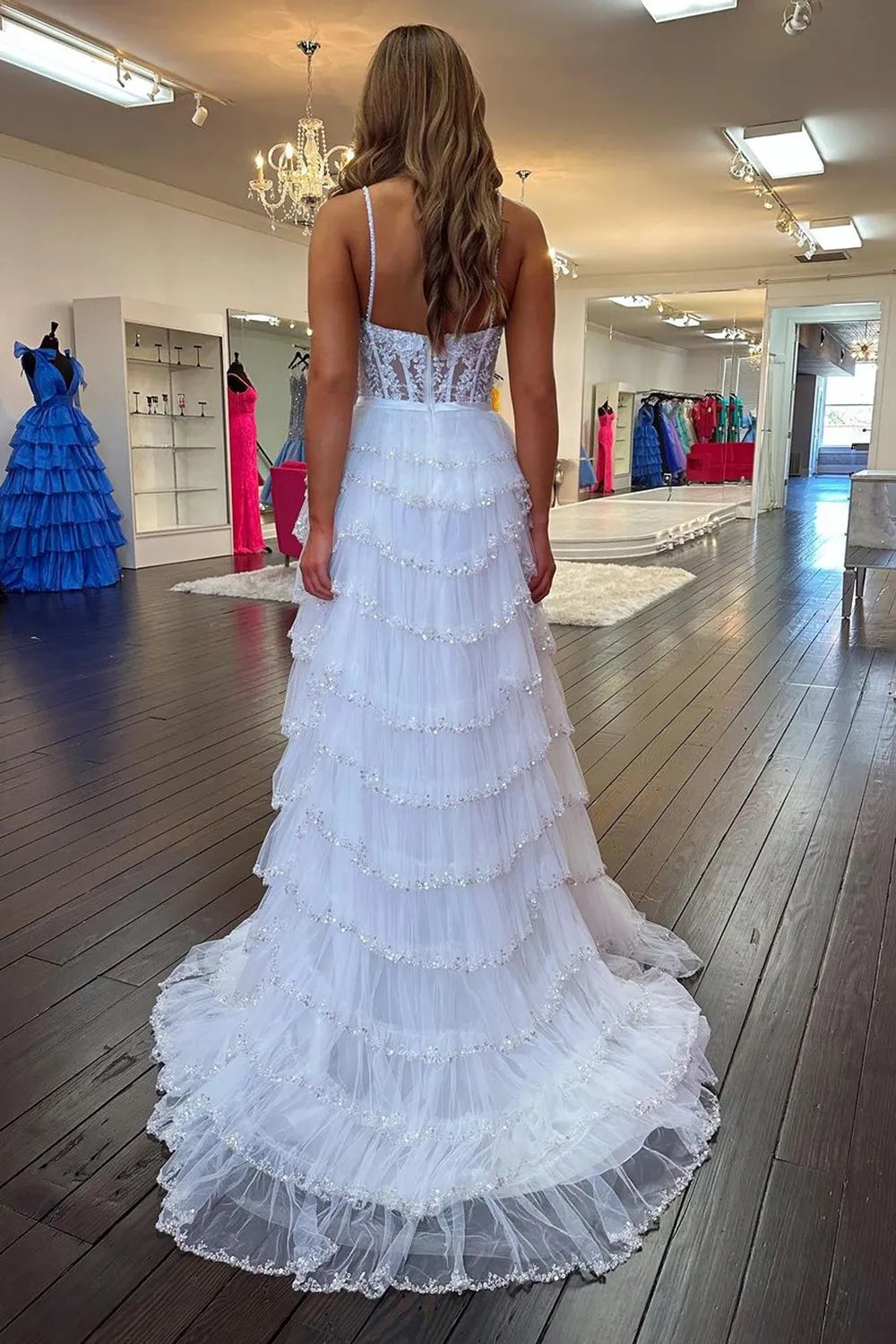 Princess A Line Spaghetti Straps White Corset Prom Dress Appliques Ruffles With Slit