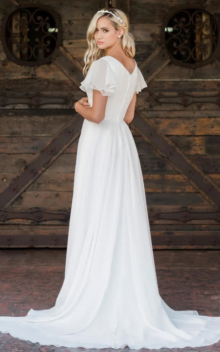A Line V-neck Chiffon Floor-length Short Sleeve Wedding Dress with Ruffles