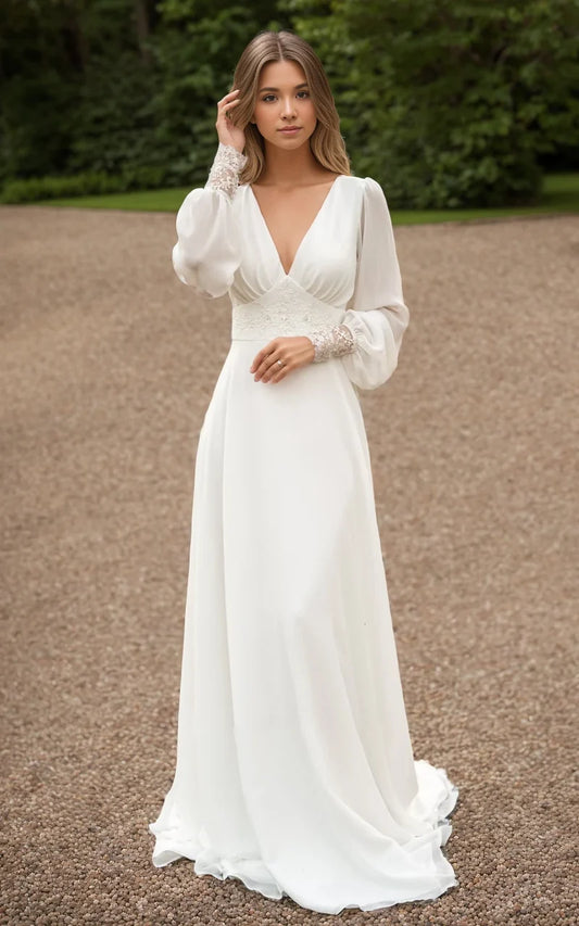 A-Line V-Neck Floor Chiffon Long Sleeve Wedding Dress with Sequins and Train