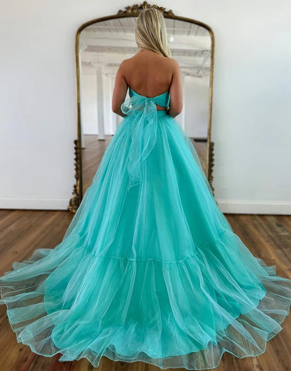 A Line Off The Shoulder Two Pieces Tulle Long Prom Dress
