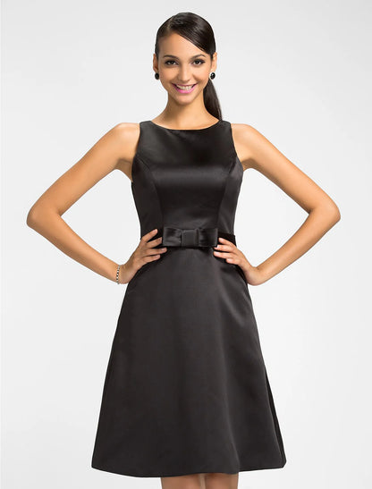 A-Line Jewel Neck Knee Length Satin Bridesmaid Dress with Bow(s) / Sash / Ribbon