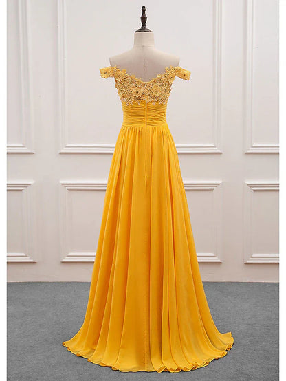 A-Line Wedding Guest Dresses Floral Dress Prom Sweep / Brush Train Sleeveless Off Shoulder Chiffon with Appliques