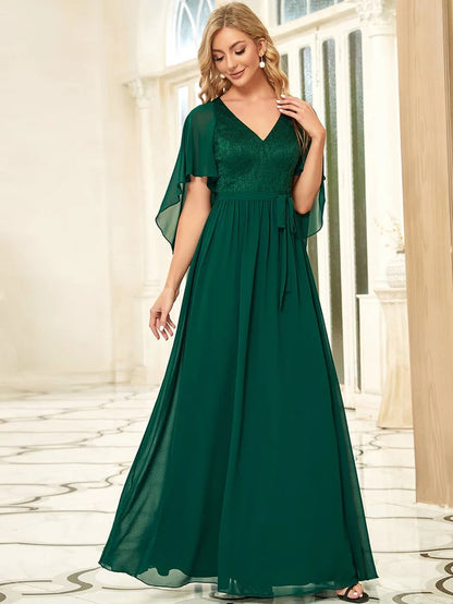 Purple Orchid Deep V Neck Lace Bodice Long Flowy Evening Dress Chiffon Mother of the Bride Dresses