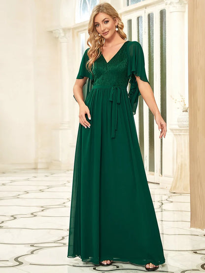 Purple Orchid Deep V Neck Lace Bodice Long Flowy Evening Dress Chiffon Mother of the Bride Dresses