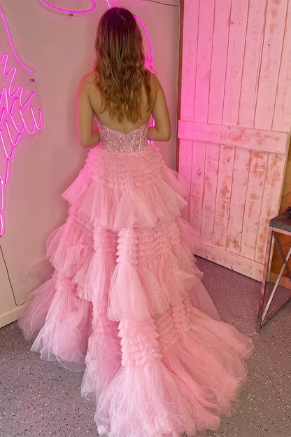 Red Halter Deep V Appliques Ruffle Layer Tulle Prom Ball Gown
