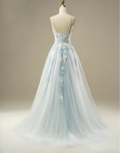 A-line V-Neck Light Blue Tulle Prom Dress