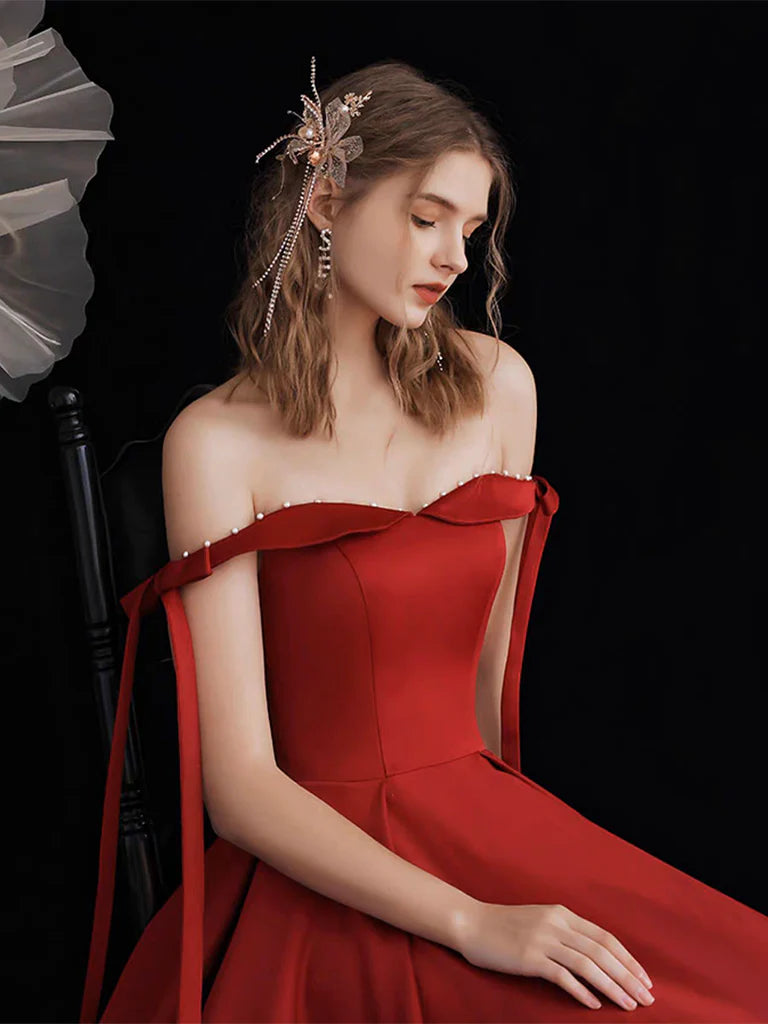 A-Line Off Shoulder Satin Burgundy Formal Long Prom Dress