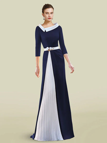 A-Line Mother of the Bride Dress Elegant Jewel Neck Floor Length Chiffon Stretch Fabric Half Sleeve with Sash / Ribbon Pleats