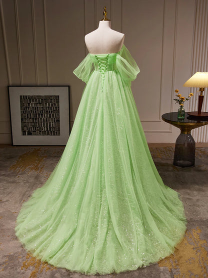 Sequins/Sparkling A-Line Off Shoulder Tulle Blue Long Prom Dress Evening Dress