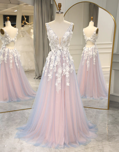 A Line Deep V Neck Tulle Long Prom Dress with Appliques