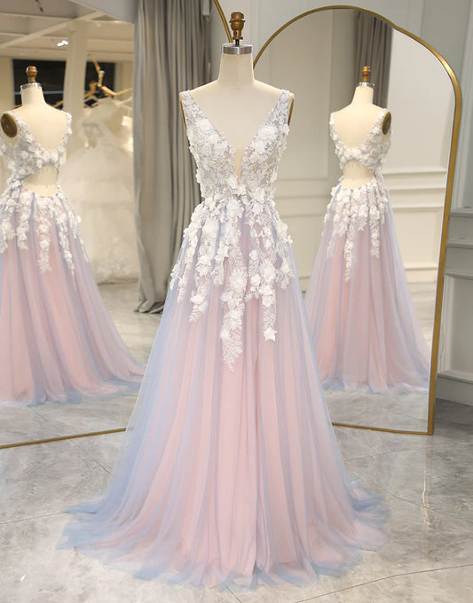 A Line Deep V Neck Tulle Long Prom Dress with Appliques