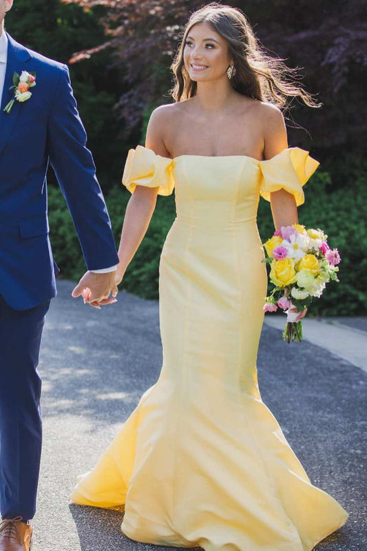 Cute Mermaid Strapless Yellow Satin Prom Dress with Bow