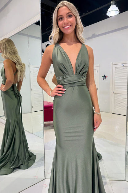 Charming Mermaid V Neck Oilve Green Evening Prom Dresses