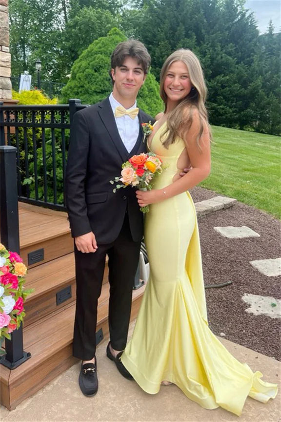 Mermaid V Neck Black Satin Prom Dress with Cross Back