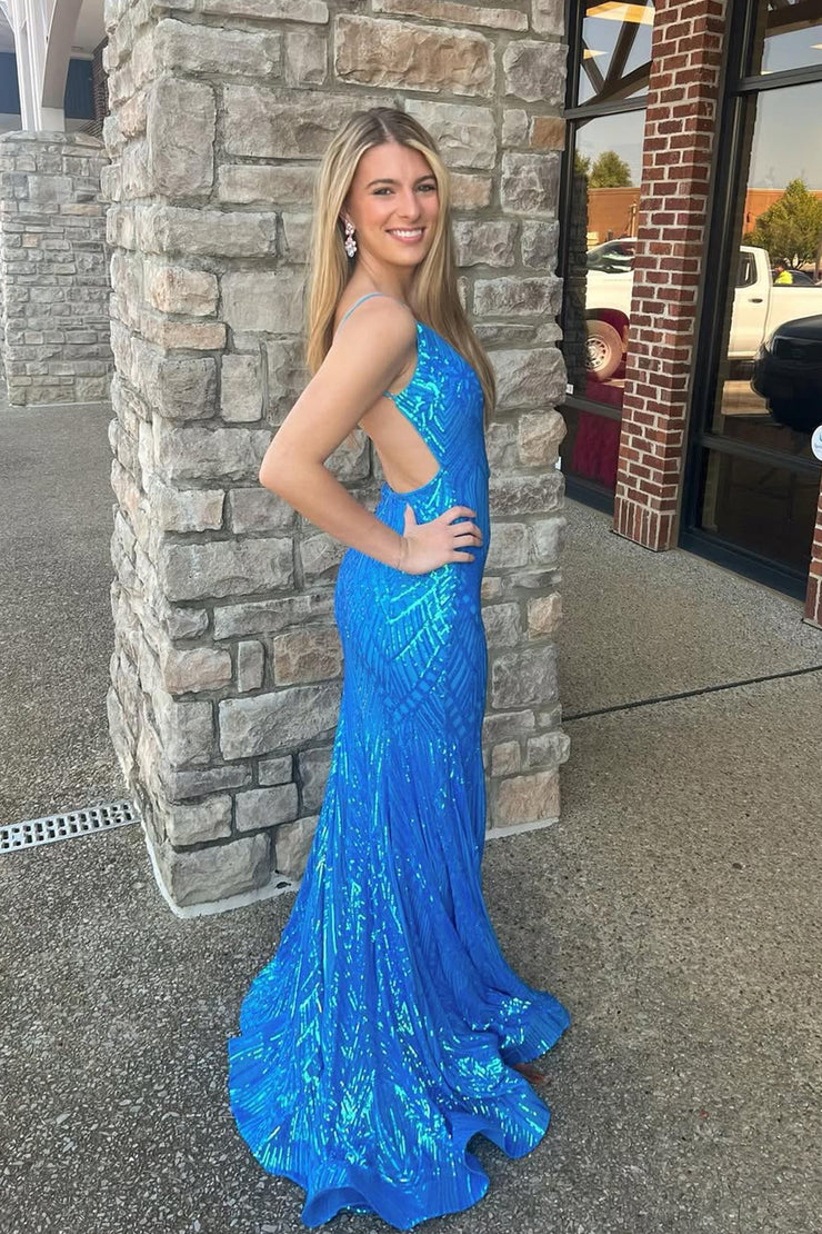 Unique Mermaid V Neck Blue Sequins Long Prom Dress with Slit