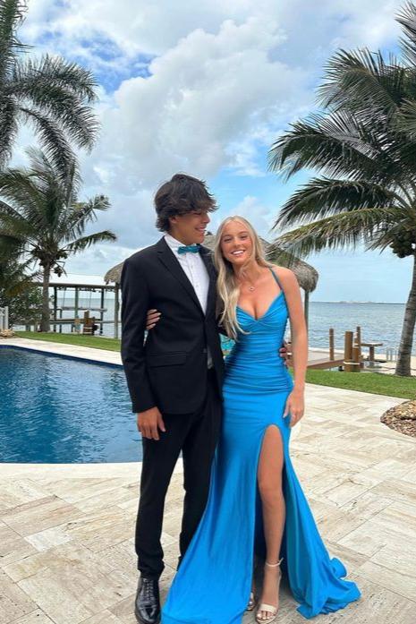 Charming Mermaid V Neck Blue Satin Prom Dress with Slit