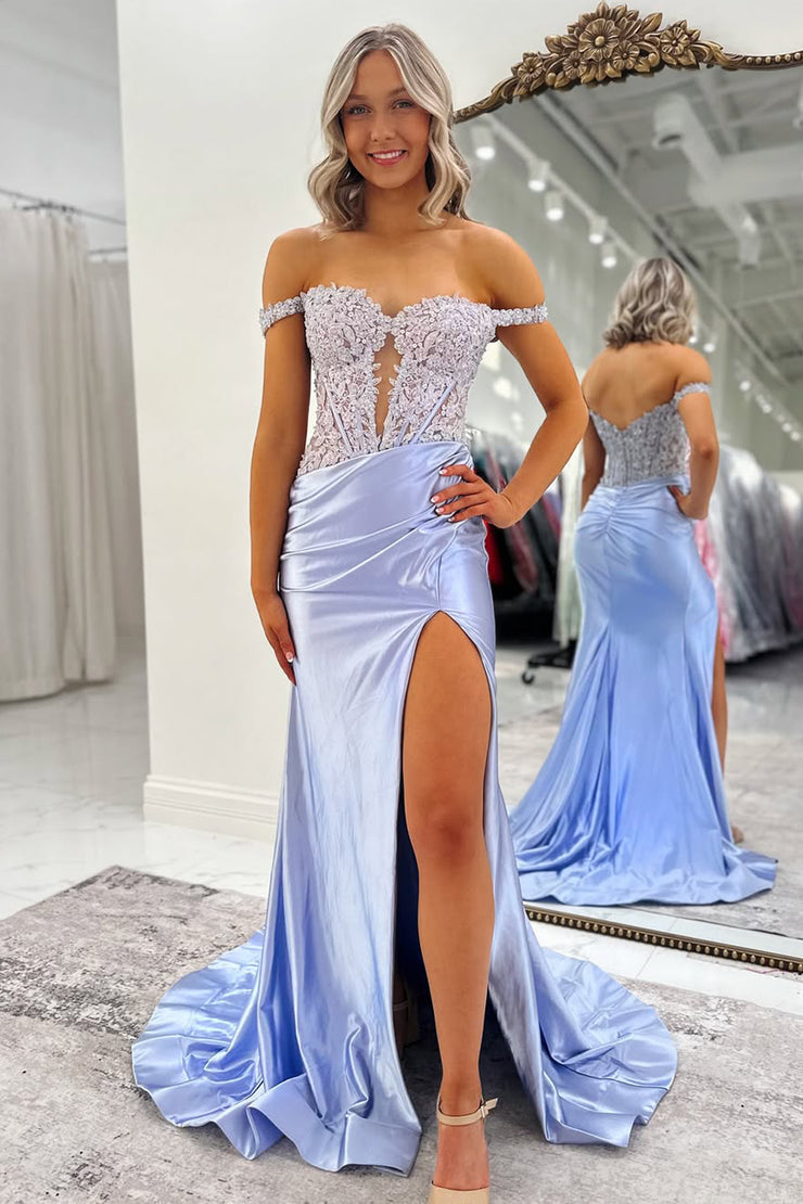 Charming Mermaid Off the Shoulder Blue Satin Long Prom Dresses with Appliques