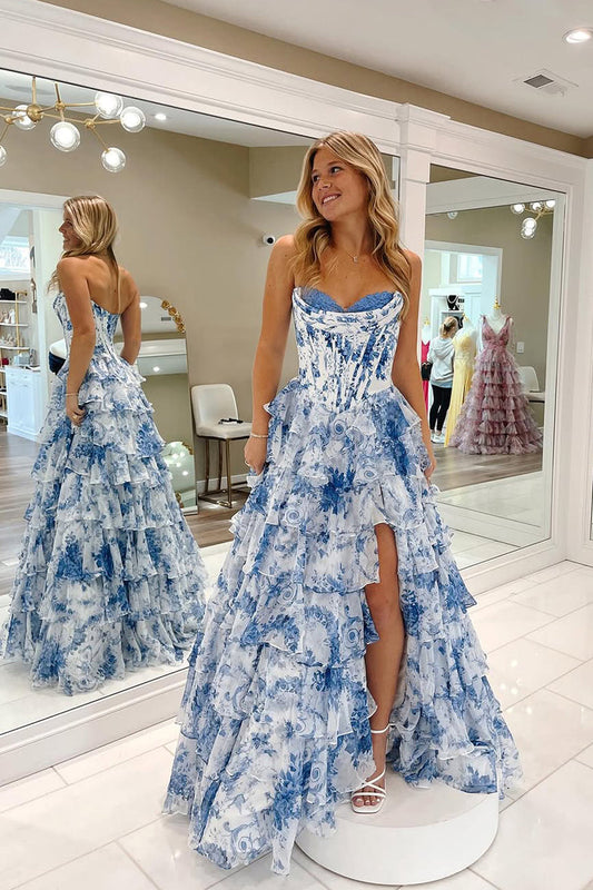 A-Line Sweetheart Floral Printed Ruffle Tiered Long Prom Dresses with Slit