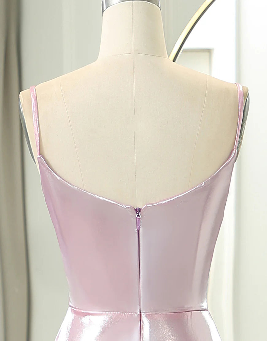 Sparkly Pink A Line Spaghetti Straps Long Prom Dress With Slit