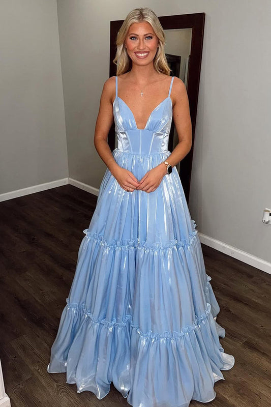 Cute A Line V Neck Glitter Organza Satin Prom Dress