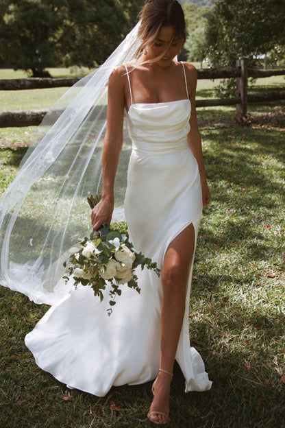 Fashion Mermaid Cowl Neck Silk Satin Long Wedding Dresses with Slit