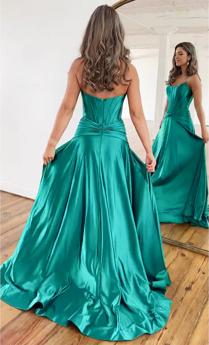 Simple A-Line Satin Green Long Prom Dress Formal Dress With Slit
