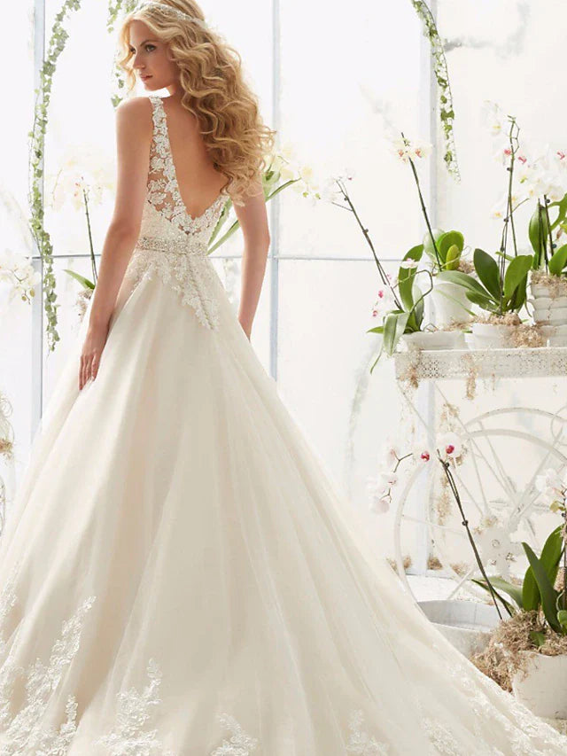 Engagement Open Back Sexy Formal Wedding Dresses Court Train A-Line Sleeveless V Neck Lace