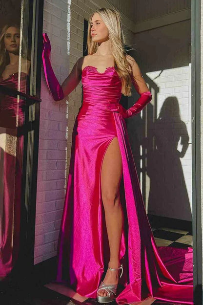 Navy Blue Mermaid Strapless Satin Prom Dress with Slit