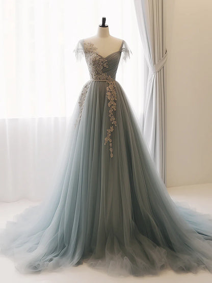 A-Line Sweetheart Neck Tulle Lace Gray Blue Formal Long Prom Dress