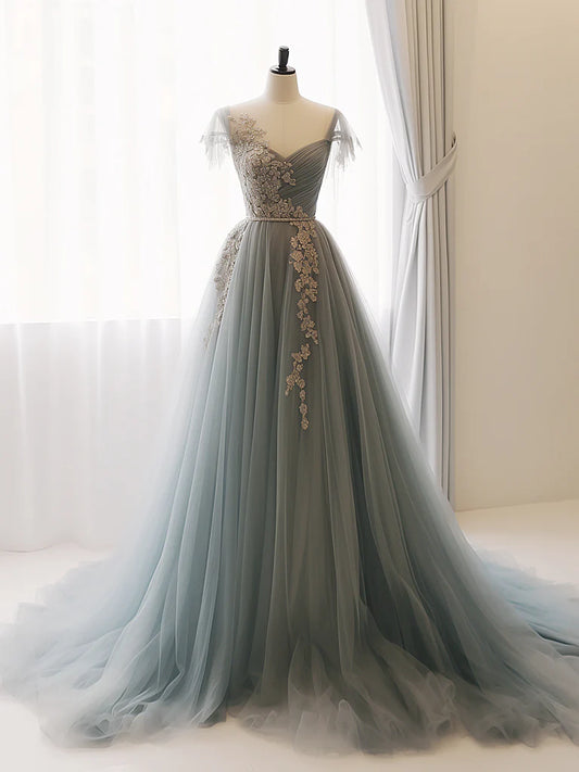 A-Line Sweetheart Neck Tulle Lace Gray Blue Formal Long Prom Dress