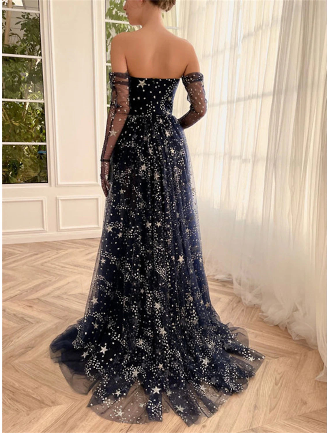 A-Line Prom Dresses Sparkle & Shine Dress Wedding Guest Birthday Sweep / Brush Train Sleeveless Strapless Tulle with Sequin Slit