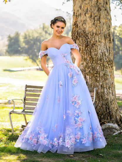 Lavender A Line off the shoulder Applique Tulle Floor Length Prom Dress