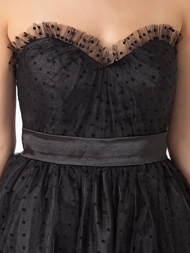 Ball Gown Little Black Dress Dress Holiday Tea Length Sleeveless Sweetheart Tulle with Sash / Ribbon