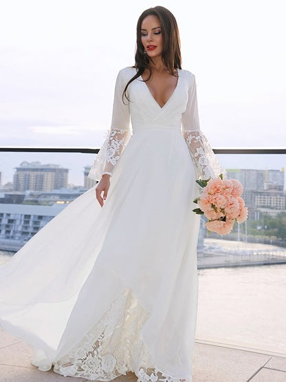 A-Line/Princess Lace V-neck Long Sleeves Sash/Ribbon/Belt Sweep/Brush Train Wedding Dresses #HB0017