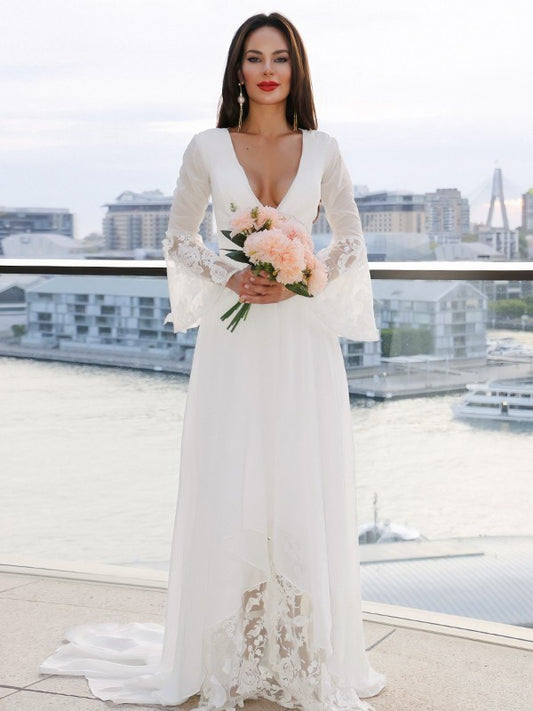 A-Line/Princess Lace V-neck Long Sleeves Sash/Ribbon/Belt Sweep/Brush Train Wedding Dresses #HB0017