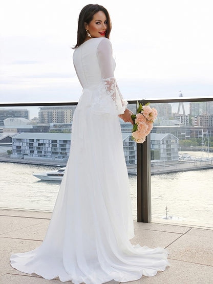 A-Line/Princess Lace V-neck Long Sleeves Sash/Ribbon/Belt Sweep/Brush Train Wedding Dresses #HB0017