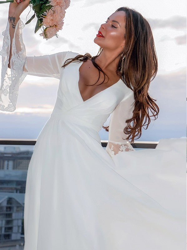 A-Line/Princess Lace V-neck Long Sleeves Sash/Ribbon/Belt Sweep/Brush Train Wedding Dresses #HB0017