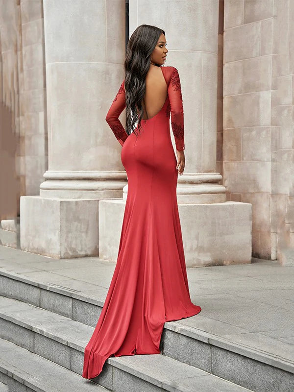 Spandex Applique Scoop Long Sleeves Prom Dresses