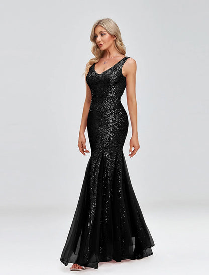 Mermaid / Trumpet Evening Gown Sparkle Dress Wedding Guest Formal Evening Floor Length Sleeveless V Neck Tulle V Back with Sequin Splicin