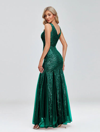 Mermaid / Trumpet Evening Gown Sparkle Dress Wedding Guest Formal Evening Floor Length Sleeveless V Neck Tulle V Back with Sequin Splicin