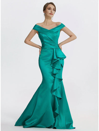 Sheath / Column Evening Gown Elegant Dress Formal Floor Length Sleeveless Off Shoulder Satin with Ruffles