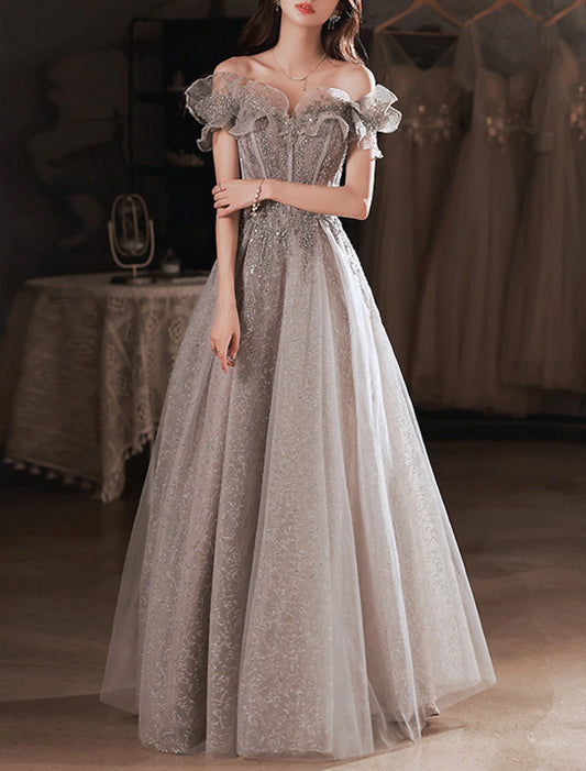 A-Line Prom Dresses Sparkle & Shine Floor Length Short Sleeve Off Shoulder Polyester with Sequin Ruffles