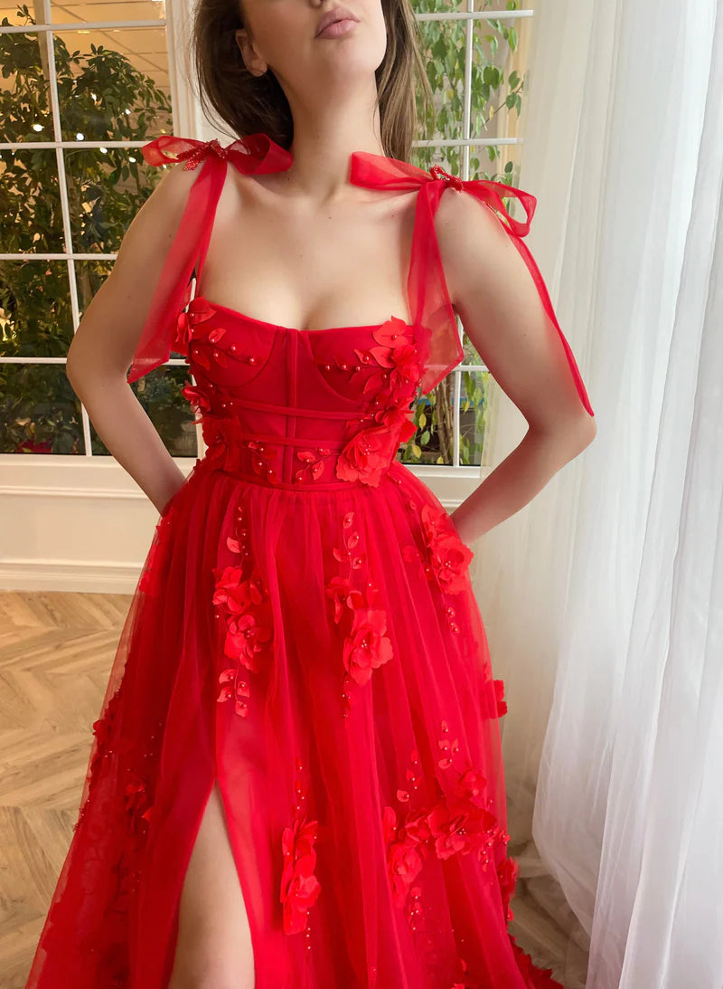 Red Cute A-Line Lace 3D Flower Long Prom Dress With Slit