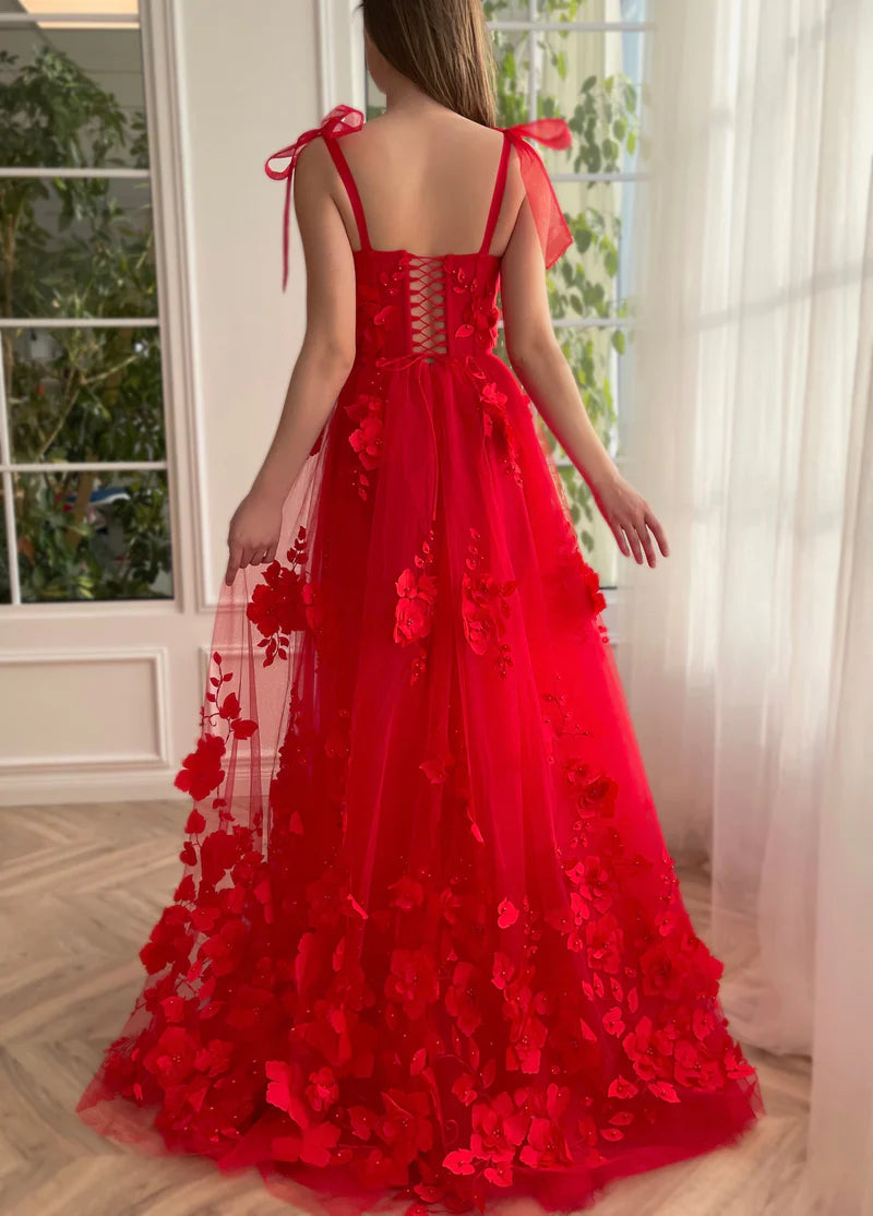 Red Cute A-Line Lace 3D Flower Long Prom Dress With Slit