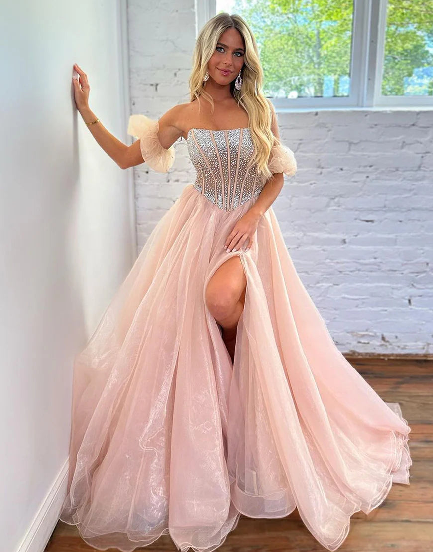 Pink A Line Princess Dress Off The Shoulder Sequins Long Prom Dress