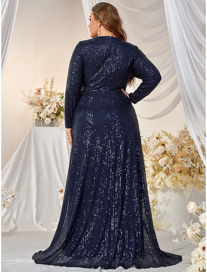 A-Line Evening Gown Plus Size Dress Formal Sweep / Brush Train Long Sleeve V Neck Polyester with Sequin Slit