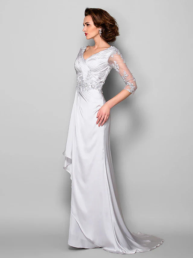 A-Line Mother of the Bride Dress V Neck Sweep / Brush Train Satin Chiffon 3/4 Length Sleeve with Criss Cross Beading Appliques