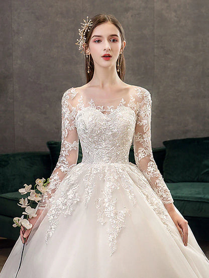 Engagement Formal Wedding Dresses Cathedral Train Ball Gown Long Sleeve Illusion Neck Lace With Pleats Appliques